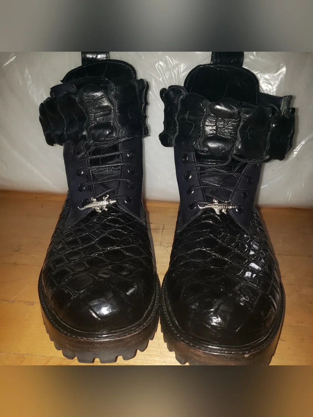 Genuine Alligator Skin Black On Black Combat Boots Men 9 READ Below